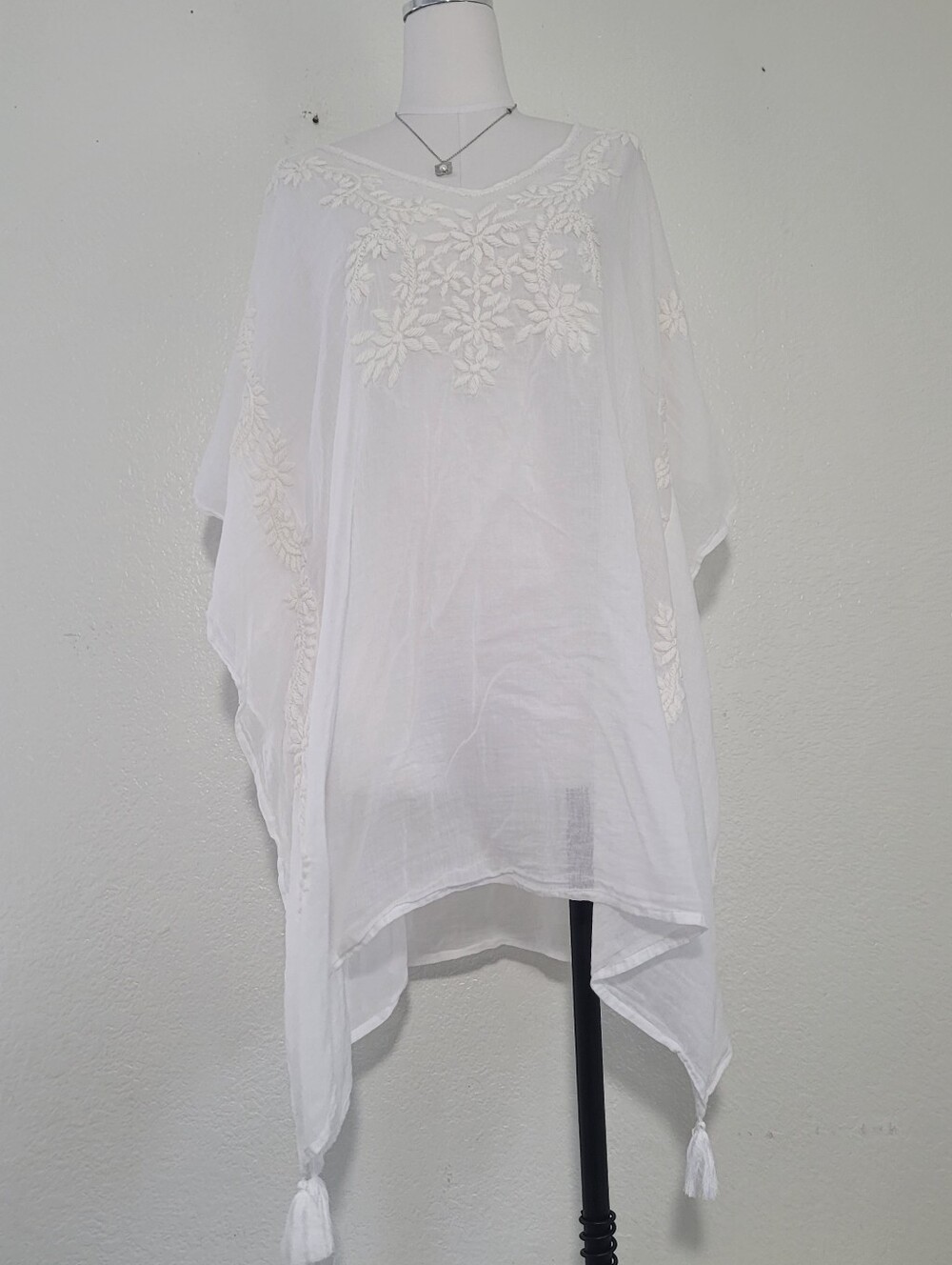 Dolma Boho Style White Embroidered Kaftan Poncho Cover-Up with Tassels One Size